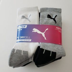 NWT -  Puma Youth Crew Socks, 10-pair - Size M- Fits shoe size 9 - 3.5